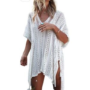 Swimsuit Cover Up One Size Beige Crochet V-Neck Knit Boho Cottage Beach Festival